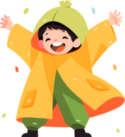 Hand Drawn A child in a raincoat showing a joyful expression that it is raining in flat style png