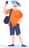 Hand Drawn Tourist is traveling and taking photos happily in flat style png