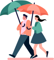 main tiré couple en portant parapluies dans le pluie dans plat style png