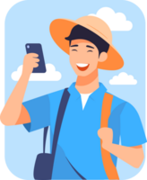 Hand Drawn Tourist is traveling and taking photos happily in flat style png