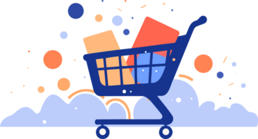 Hand Drawn shopping cart full of gifts at the mall in flat style png