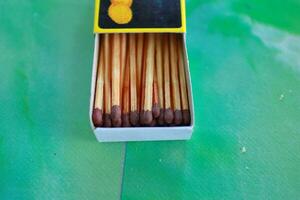 Closeup shot Matches in box. Matches in open match box on carton underlay. photo