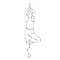 mujer haciendo árbol yoga actitud sano hacer ejercicio en continuo línea dibujo caligráfico vector