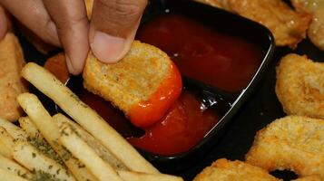 francés papas fritas, pepitas y delicioso frito otak otak servido con picante salsa foto