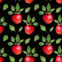 Fruity seamless pattern of red apples and leaves on a black background. Texture for healthy food packaging, printing on fabric, paper. Hand drawn illustration. photo