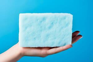 Hand holding washing sponge with foam isolated on blue background with a place for text photo