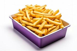 French fries in a special fast food purple box isolated on white background photo