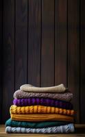 Pile of knitted winter clothes on wooden background sweaters knitwear photo