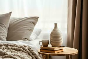 A cozy bedroom with stylish decor a wooden bedside table a pottery jar a book lovely bed photo