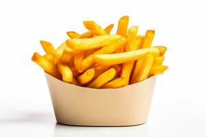 French fries in a special fast food yellow box isolated on white background photo