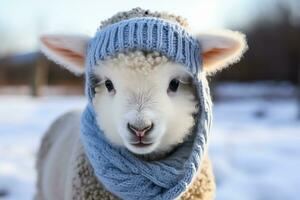 Cute sheep wearing knitted scarf and beanie adds a touch of humor to the cold winter weather photo