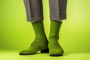 Legs in knitted woolen green socks isolated on solid background photo