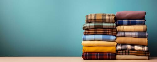 Stack of plaids isolated on pastel background photo