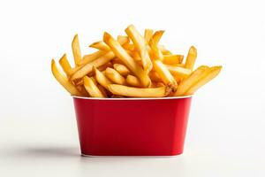 French fries in a special fast food red box isolated on white background photo