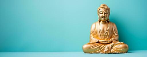 Golden glossy budha with baguette isolated on pastel background with a place for text photo