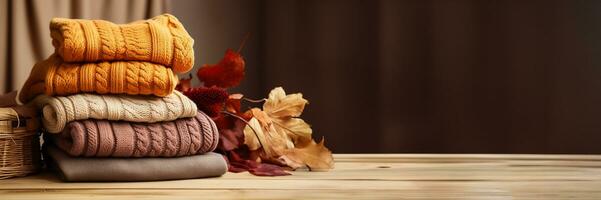 Autumn warm stack of sweaters photo