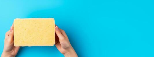 Hand holding washing sponge with foam isolated on blue background with a place for text photo