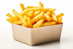 French fries in a special fast food white box isolated on white background photo