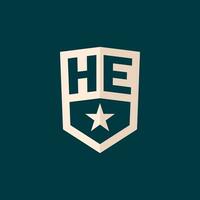 Initial HE logo star shield symbol with simple design vector