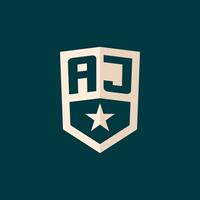 Initial AJ logo star shield symbol with simple design vector