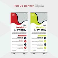 Medical care and healthcare roll up stand banner template design vector