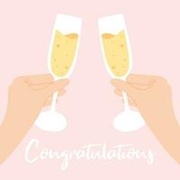 Postcard with a glass of champagne in hand. Greeting card congratulations with champagne for the new year, wedding, birthday. vector