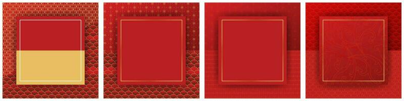 Set of Oriental patterned backgrounds in red, yellow and orange gradients with copy space. Red Eastern Poster template layouts. Vector Illustration. EPS 10