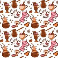 Coffee pot, cezve and different types of coffee. Seamless pattern. Vector