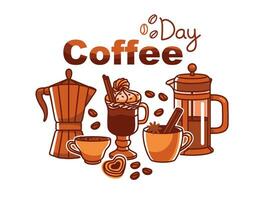 Coffee pot and various types of coffee. Coffee day banner. Vector. vector