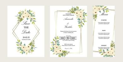 Set of cards with white roses. Wedding ornament concept. Flower poster, invite. vector