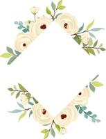 wedding frame with flower bouquet. White roses, green leaves. Floral poster, invite and greeting card. vector