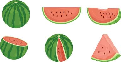 Cartoon fresh green open watermelon half, slices and triangles. Red watermelon piece with bite. Sliced cocktail water melon fruit vector set.