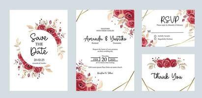Boda invitación salvar el fecha gracias usted rsvp tarjeta modelo. con un ramo de flores de granate rosas vector