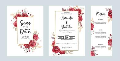 Wedding invitation card template set with maroon rose floral frame. Botanical decoration for background, save the date, invitation, greeting card, poster vector, menu card vector
