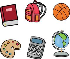 Back to school doodle icon set. School items, supplies, stationery, hand drawn black and white vector illustration.