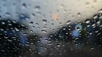 Raindrops fall on the windowpane with the street and lights in the background photo