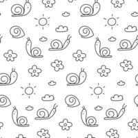 Single color vector pattern of different snails, flowers and the sun on the sky