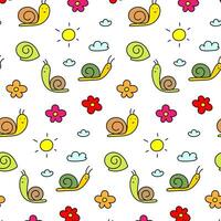 Colored vector pattern of different snails, flowers and the sun on the sky