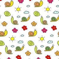 Colored vector pattern of different snails, flowers and the sun on the sky