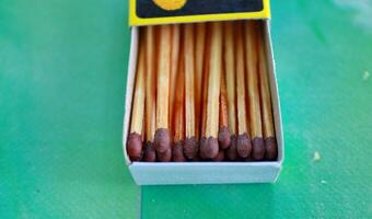 Closeup shot Matches in box. Matches in open match box on carton underlay. photo