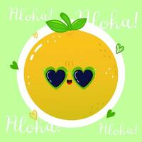 Cute funny Grapefruit character. Vector hand drawn cartoon kawaii character illustration icon. Isolated on green background. Grapefruit character concept. Aloha card