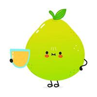 Cute Pomelo with glass of juice. Vector hand drawn doodle style cartoon character illustration icon design. Card with cute happy Pomelo fruit