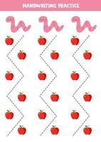 Tracing lines for kids. Cute worms and red apples. Handwriting practice. vector
