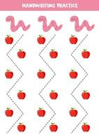 Tracing lines for kids. Cute worms and red apples. Handwriting practice. vector