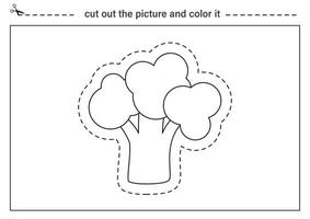 Cutting practice for kids. Black and white worksheet. Cut out cartoon broccoli. vector