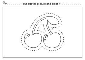 Cutting practice for kids. Black and white worksheet. Cut out cartoon cherry. vector