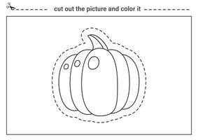 Cutting practice for kids. Black and white worksheet. Cut out cartoon pumpkin. vector