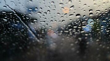 Raindrops fall on the windowpane with the street and lights in the background photo