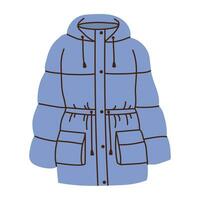 Isolated blue female down jacket in flat style on white background. Warm clothes vector