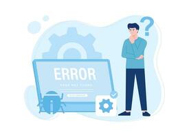 a man standing next to a laptop with a error sign on it concept flat illustration vector